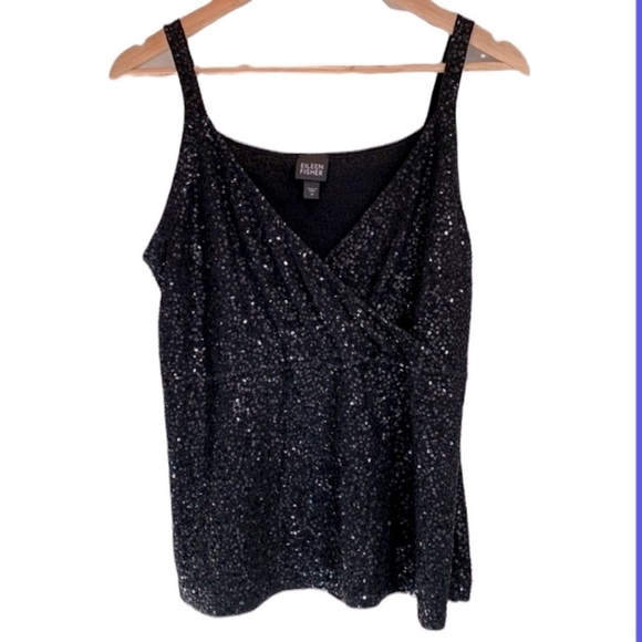 Eileen Fisher Black Sequin Silk Blend V-neck Tank Women’s Size Medium - Picture 1 of 8